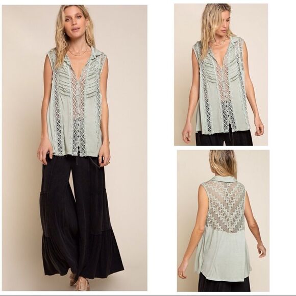 Sleeveless woven top in Desert Sage with Lace Accents - Picture 1 of 8